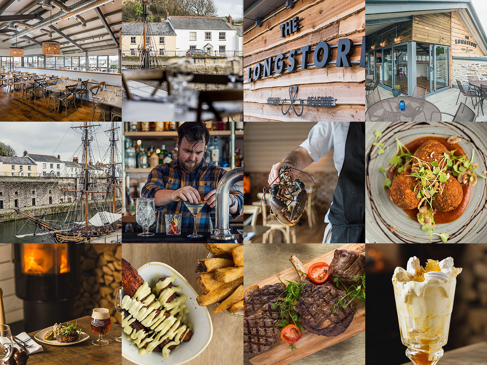 The Longstore Charlestown — dining room, harbour, kitchen and plate.